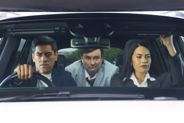 Sky NZ Originals Small Town Scandal, Conan (Niwa Whatuira), Toby (Tom Sainsbury) And Sophia (Roimata Fox)